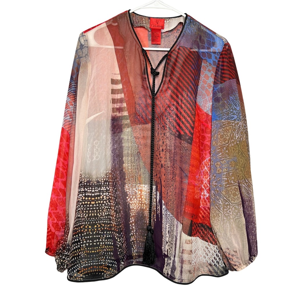 Cristina Patchwork Tassel Tie Sheer Boho Abstract Blouse Multiclr‎ Women Sz L